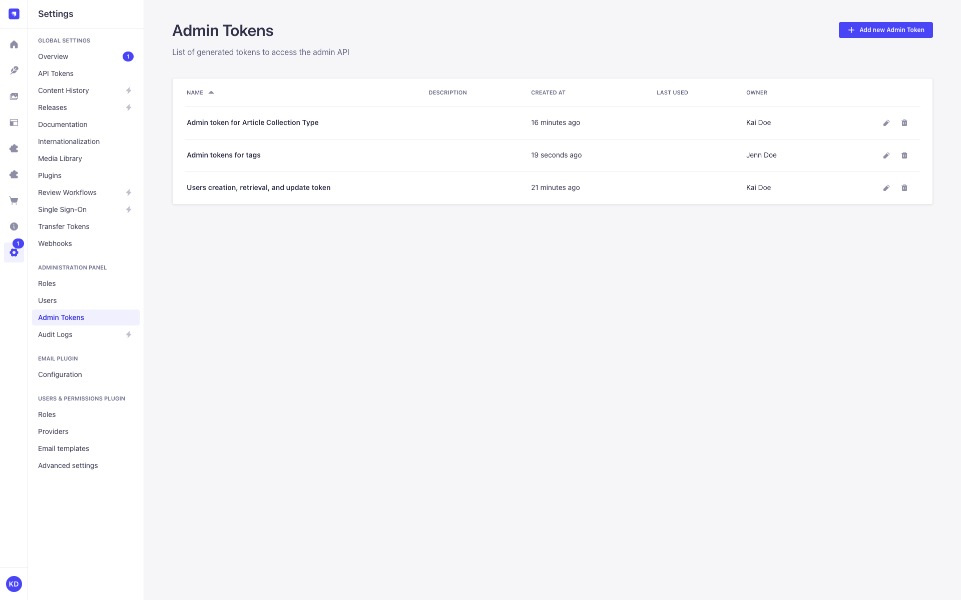 Admin tokens in the admin panel